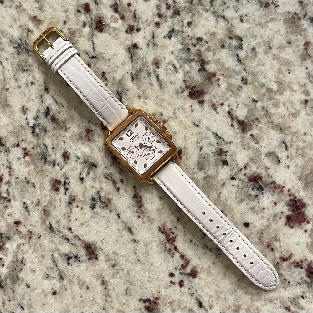 Coach White Leather Chronograph Tank Watch Gem